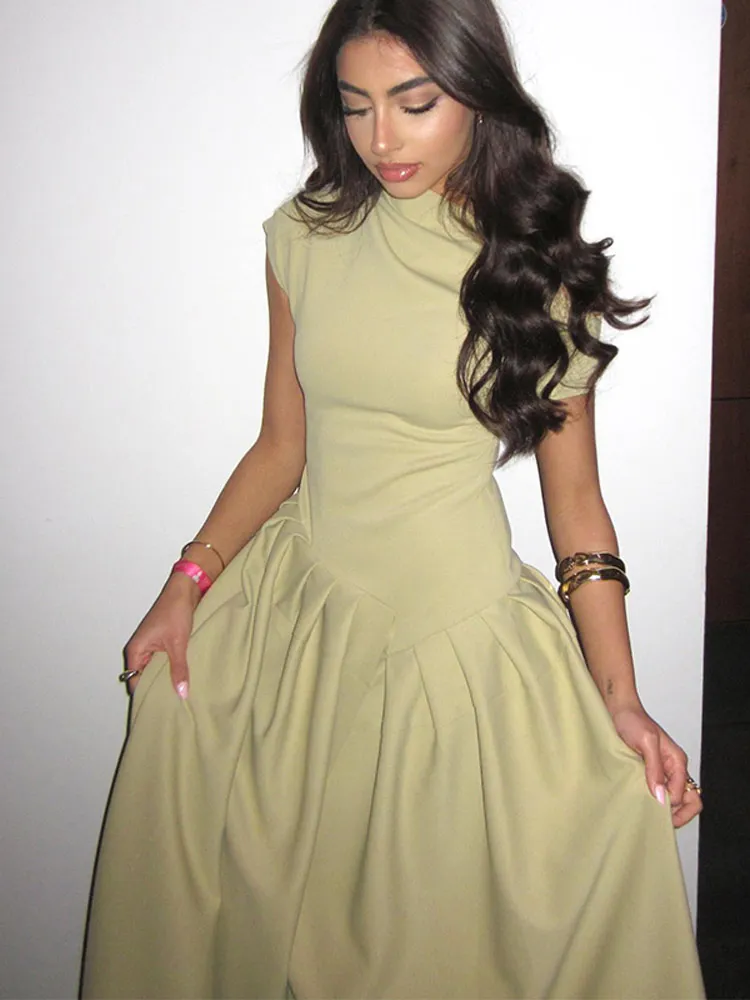 Women Formal Wear Zara - DSMTRC-Vestido plissado verde com gola diagonal,