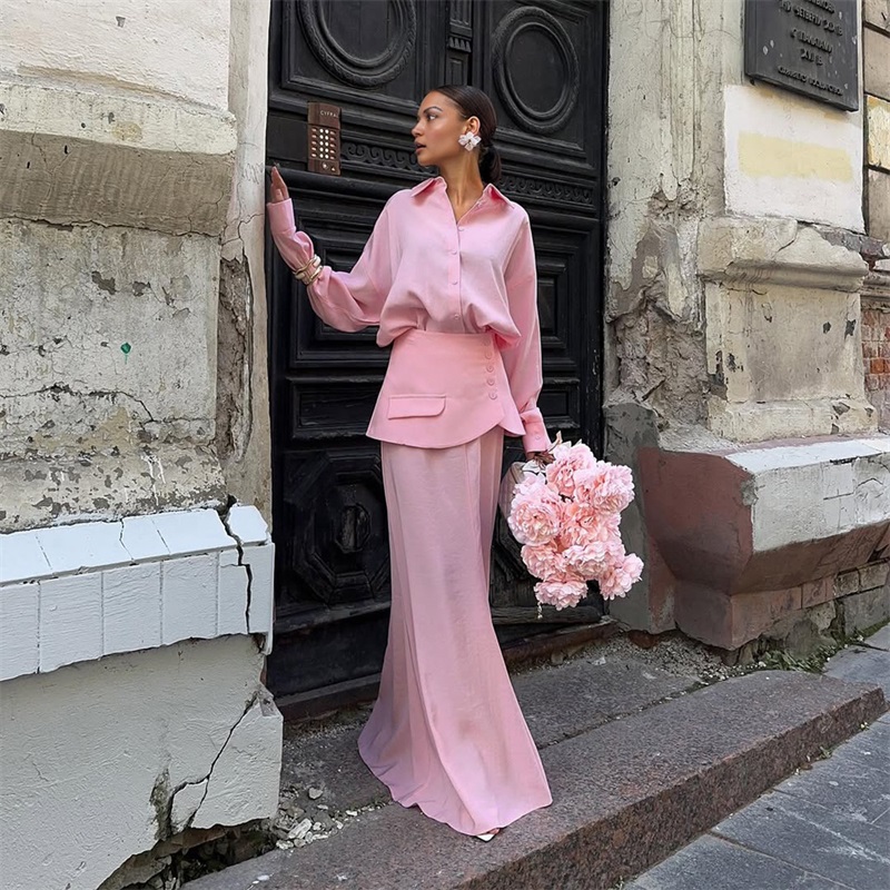 Women Formal Party Wear Dress - Outono rosa preto feminino terno saia