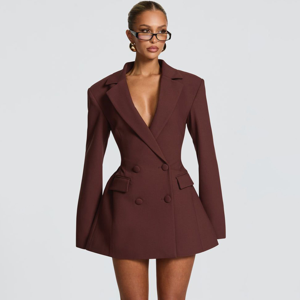 Women Formal Party Wear Dress - Vestido Blazer Feminino Elegante Marrom Evasê